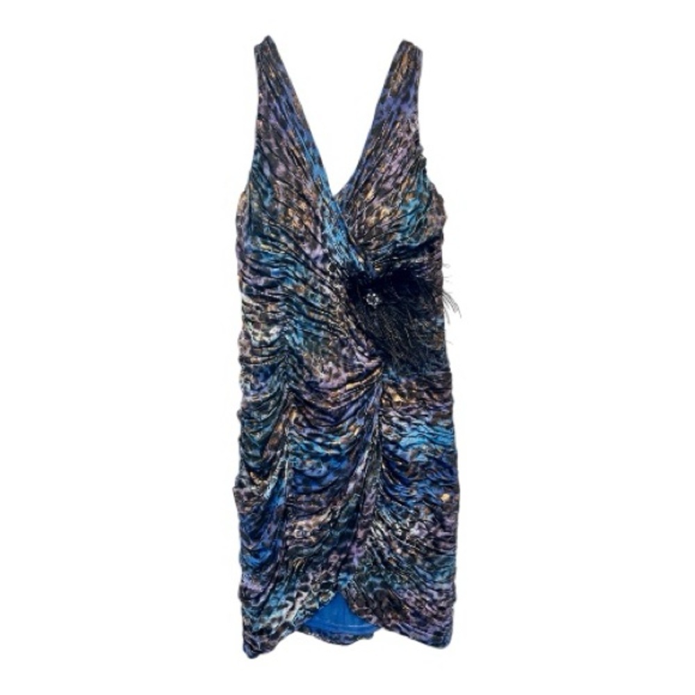 Y2K Cache Animal Print Feather Embellishment Blue & Black Cocktail Dress Size 2